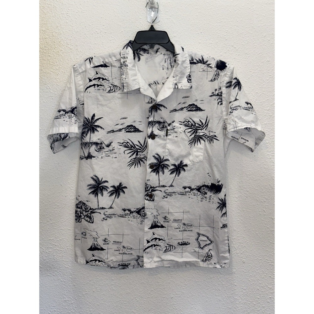Palmwave Mens Hawaiian Map Shirt Blue White Button Down Short Sleeve XL Vintage